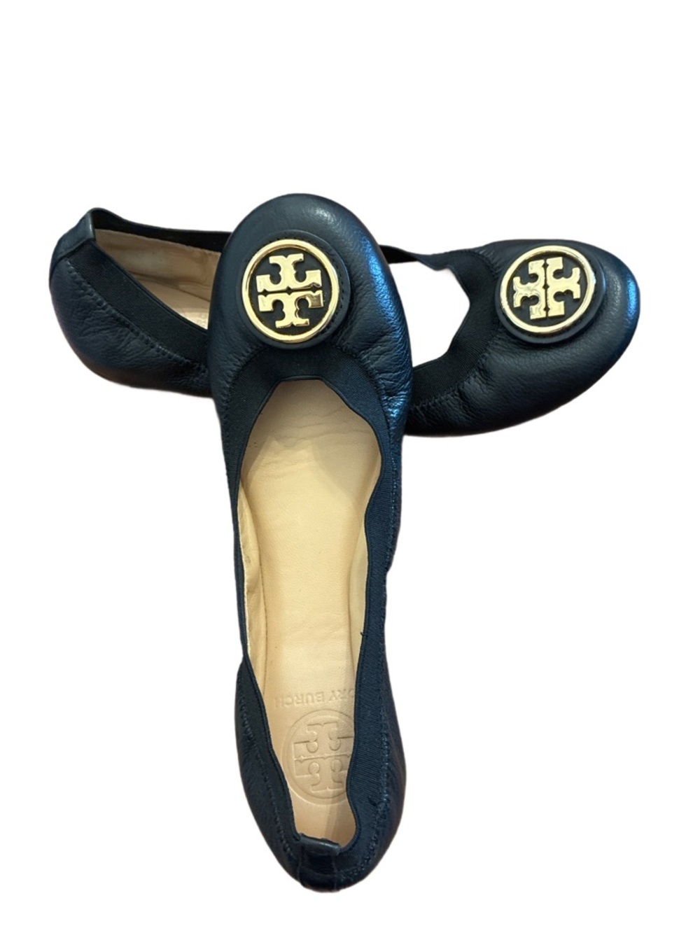 Tory Burch Black Leather Caroline Ballet Flats with Logo Medallion Size 6.5